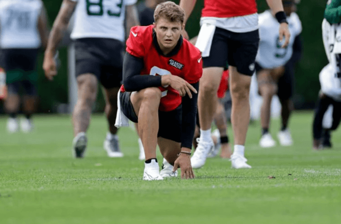 New York Jets quarterback Zach Wilson takes part in drills at the NFL football team's practice facility in Florham Park.