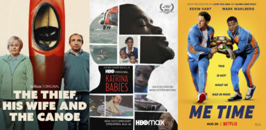 This combination of photos shows promotional art for "The Thief, His Wife & The Canoe," a miniseries premiering Aug. 23 on BritBox, left, “Katrina Babies," a documentary premiering Aug. 24 on HBO and HBO Max, center, and "Me Time," a comedy premiering Aug. 26 on Netflix.