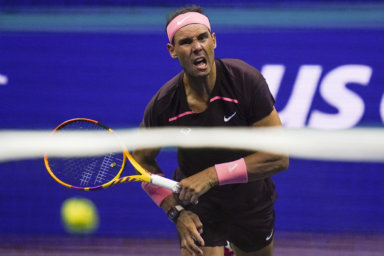 Rafael Nadal returns a shot to Rinky Hijikata during the first round of the US Open.