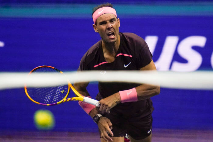 Rafael Nadal returns a shot to Rinky Hijikata during the first round of the US Open.