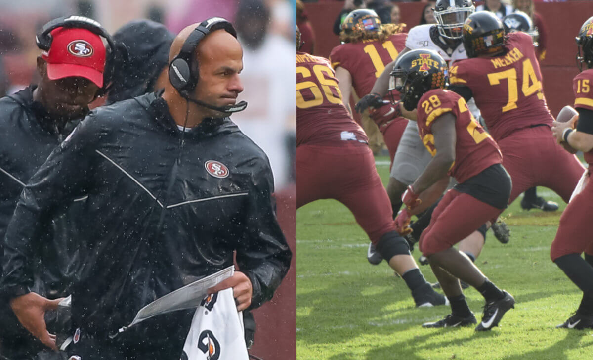Jets head coach Robert Saleh (left) and rookie running back Breece Hall as a member of the Iowa State Cyclones (right).