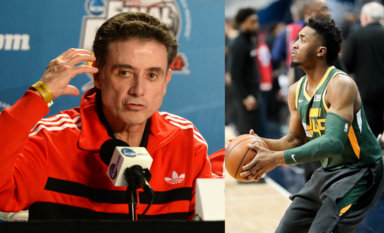 Rick Pitino (left) praised a possible trade that would send his former collegiate star, Donovan Mitchell (right) to the Knicks.