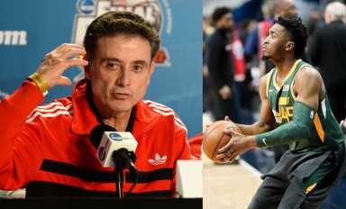 Rick Pitino (left) praised a possible trade that would send his former collegiate star, Donovan Mitchell (right) to the Knicks.