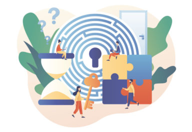Escape room. Tiny people trying to solve puzzles, find key, gettout of trap, finding conundrum solution. Exit maze. Quest room. Modern flat cartoon style. Vector illustration on white background