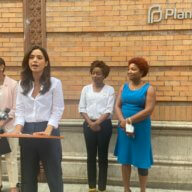 Carlina Rivera speaks at a press conference outside of a Manhattan Planned Parenthood after being endorsed by Council Speaker Adrienne Adams