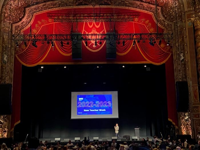 Chancellor David C. Banks speaks at the 2022-2023 New Teacher Week day one presentation at Kings Theater in Brooklyn.