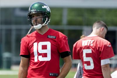 Jets quarterback Joe Flacco takes part in drills at the NFL football team's practice facility.