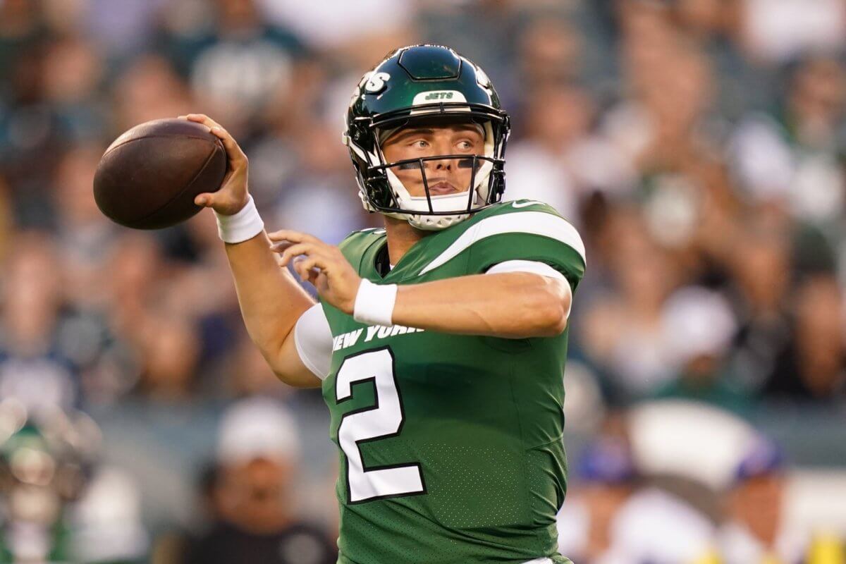 Jets' Zach Wilson throws during the first half of a preseason NFL football game against the Philadelphia Eagles.