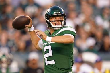 Jets' Zach Wilson throws during the first half of a preseason NFL football game against the Philadelphia Eagles.