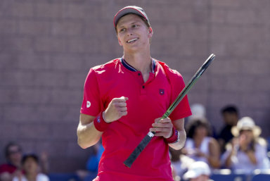 Jenson Brooksby, of the United States, reacts after defeating Borna Coric, of Croatia, during the second round of the US Open.