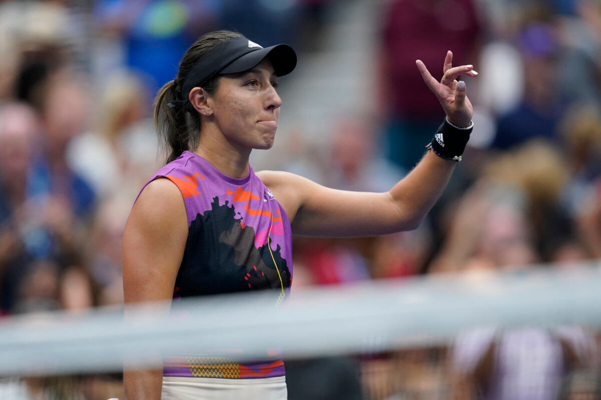 Jessica Pegula, of the United States, waves to fans after defeating Petra Kvitova, of the Czech Republic, during the fourth round of the U.S. Open tennis championships.