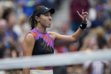 Jessica Pegula, of the United States, waves to fans after defeating Petra Kvitova, of the Czech Republic, during the fourth round of the U.S. Open tennis championships.