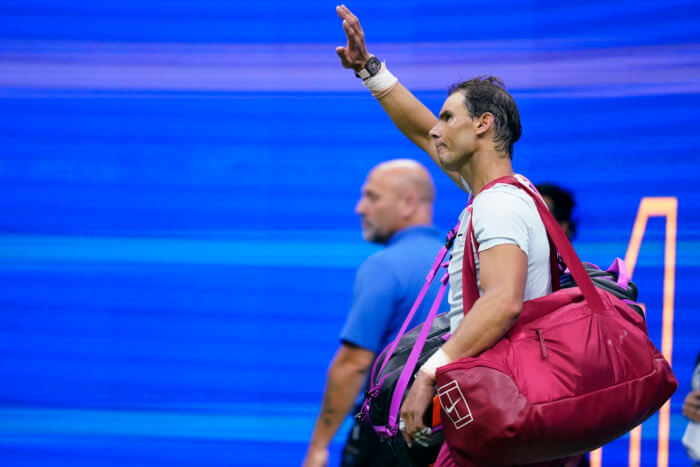 Rafael Nadal of Spain waves to fans after his loss to Frances Tiafoeduring the fourth round of the US Open tennis championships.