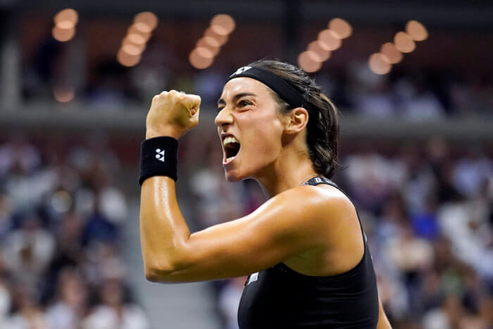 Caroline Garcia celebrates her win over Coco Gauff at the US Open