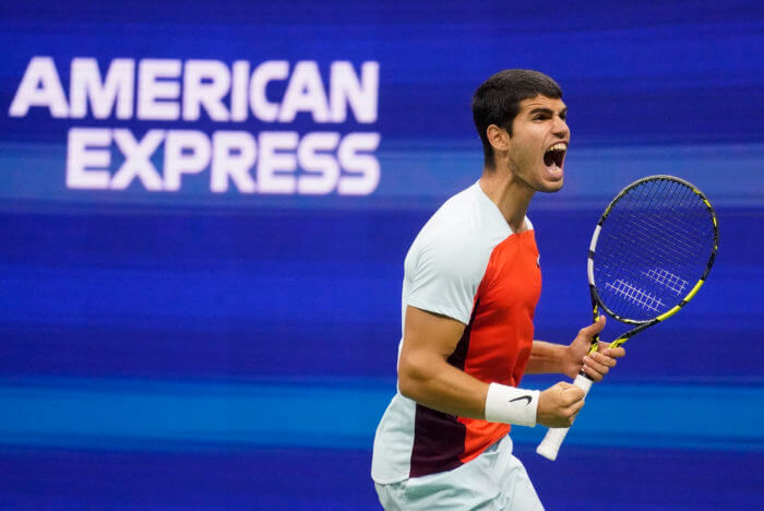 Carlos Alcaraz celebrates his win over Frances Tiafoe at the US Open