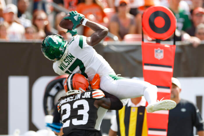 Jets wide receiver Garrett Wilson attempts to catch a pass in their Week 2 matchup against the Browns.