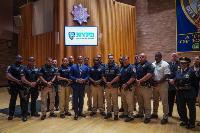 Mayor Eric Adams with NYPD Officers
