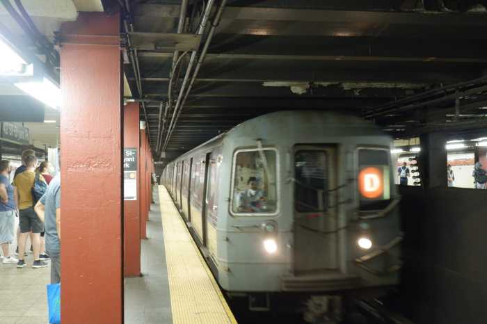 A Bronx-bound D train pulls into 42nd Street.