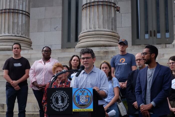 Council Member Lincoln Restler speaks outside Brooklyn Borough Hall