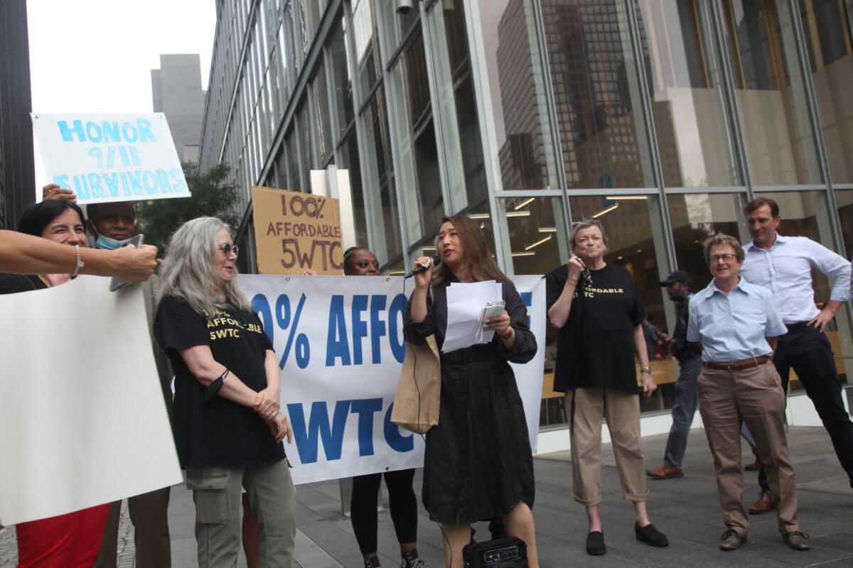 Assembly Member Yuh-Line Niou at Lower Manhattan rally for WTC affordable housing