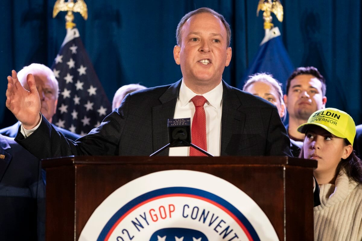 US Rep. Lee Zeldin speaks to delegates and assembled party officials at the 2022 NYGOP Convention on March 1, 2022