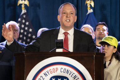 U.S. Rep. Lee Zeldin speaks to delegates and assembled party officials at the 2022 NYGOP Convention on March 1, 2022