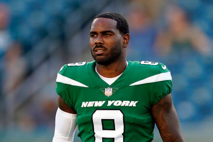 Jets' Elijah Moore is shown before a preseason NFL football game.