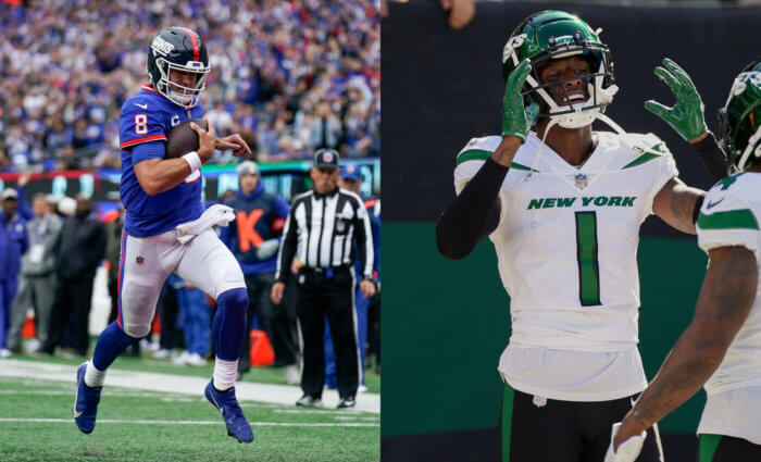 Giants' Daniel Jones (left) and Jets' Sauce Gardner (right).