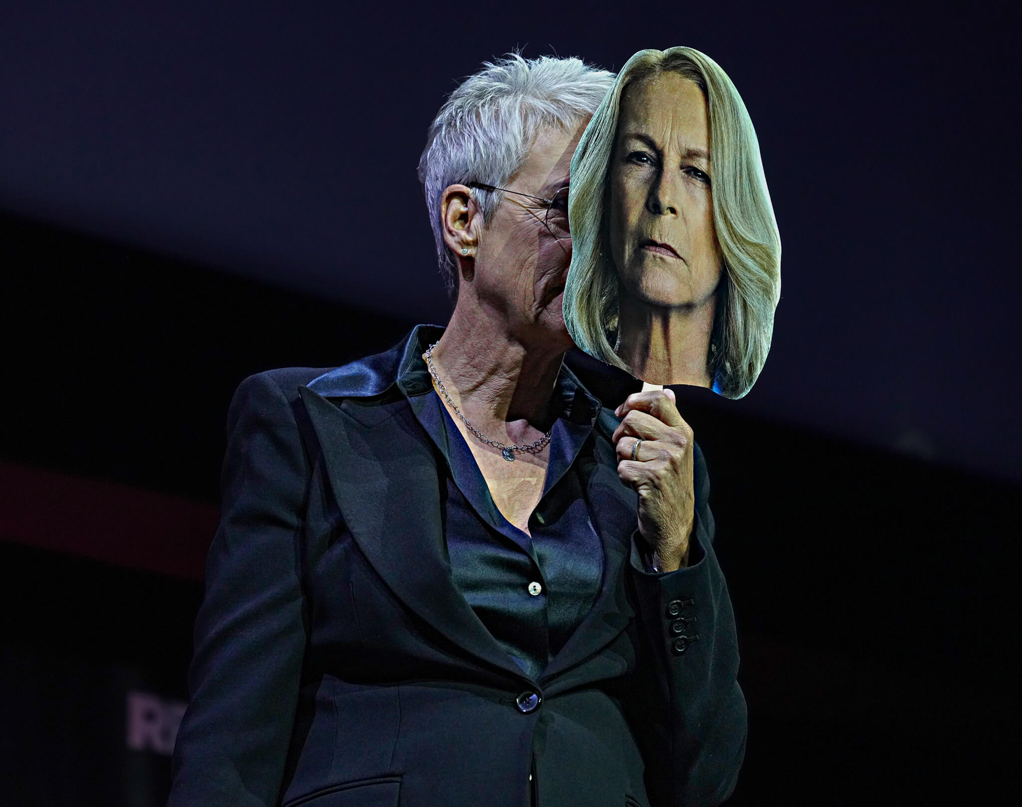 Jamie Lee Curtis with her Halloween character