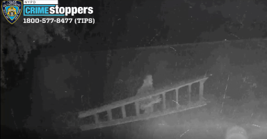 This suspect is shown on video bringing a ladder to a Greek Orthodox church in Brooklyn to deface the property.