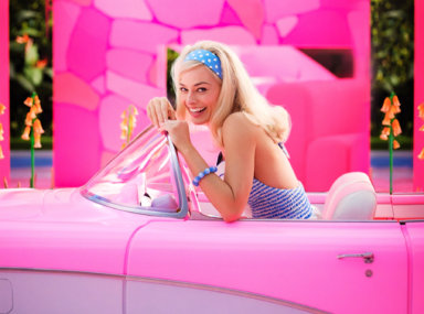 Margo Robbie in character in the film "Barbie"