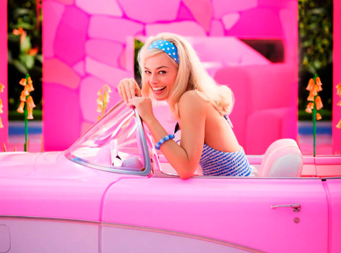 Margo Robbie in character in the film "Barbie"