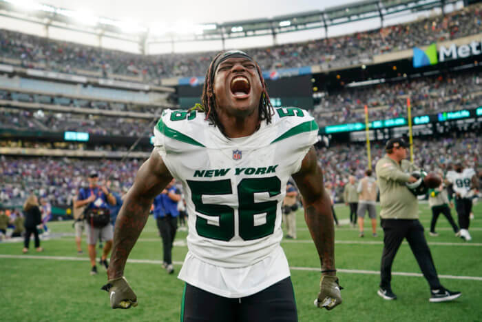 Jets linebacker Quincy Williams (56) celebrates after the win against the Buffalo Bills.