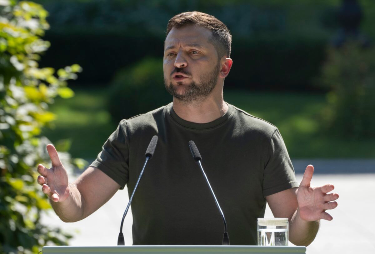 Ukrainian President Volodymyr Zelenskyy speaks at a news conference in Kyiv, Ukraine