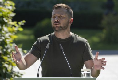 Ukrainian President Volodymyr Zelenskyy speaks at a news conference in Kyiv, Ukraine