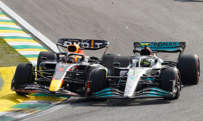 Lewis Hamilton and Max Verstappen collide in F1 in Brazil