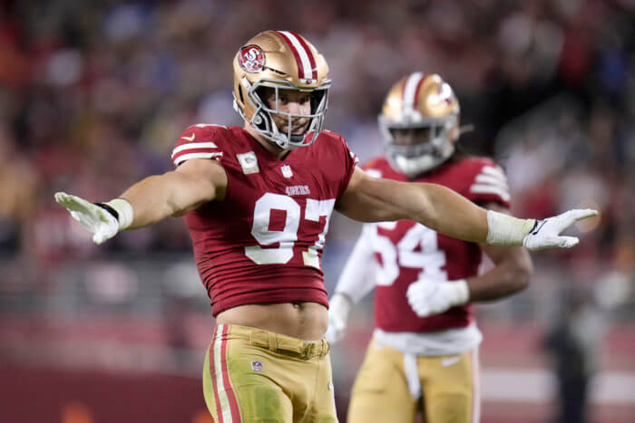 49ers defensive end Nick Bosa takes on the Eagles