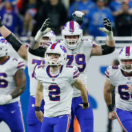 Buffalo Bills celebrate their win over the Lions