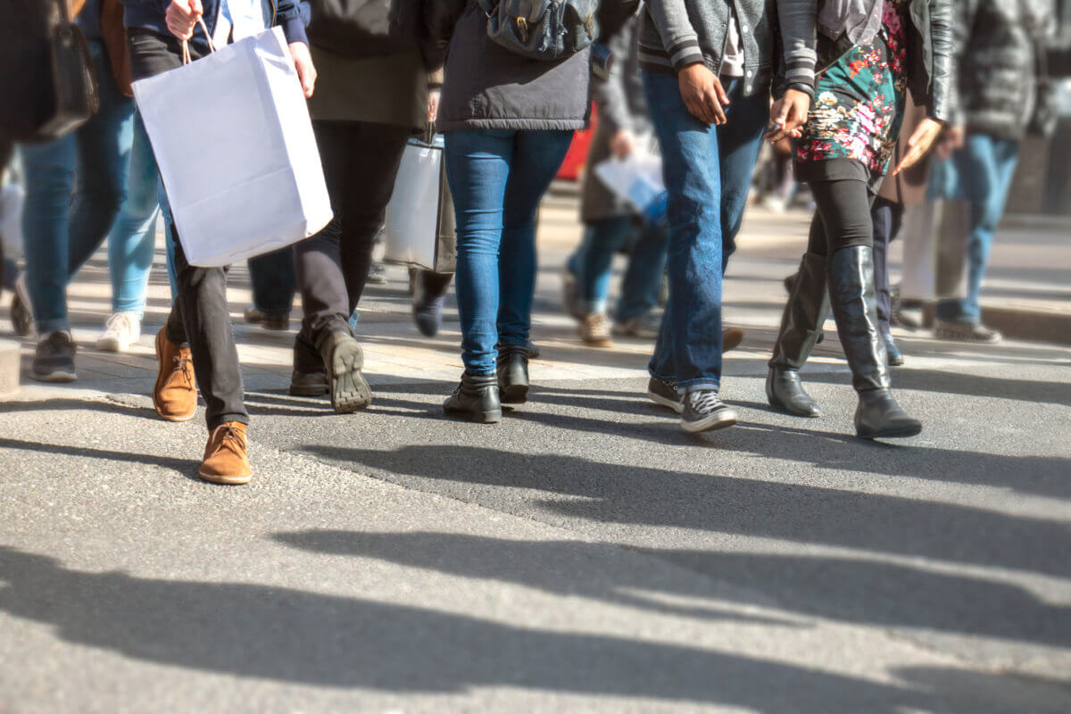 Busy street filled with commuters and shoppers