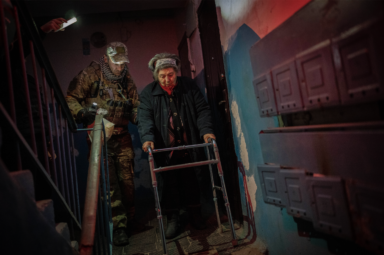 Elderly residents are evacuated from the southern city of Kherson, Ukraine.