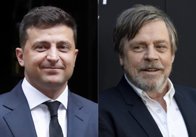 A side by side photo of Ukraine President Volodymyr Zelensky and actor Mark Hamill
