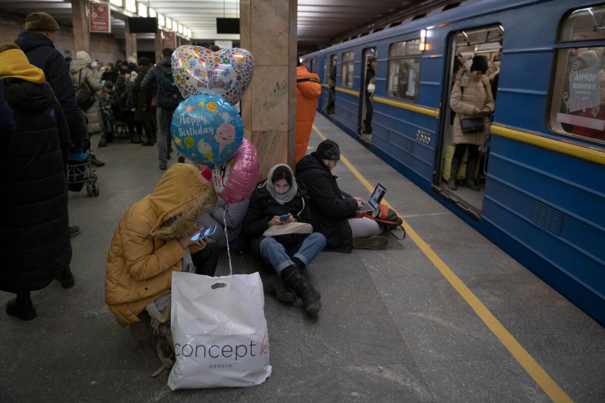 Ukraine residents take shelter during air raid