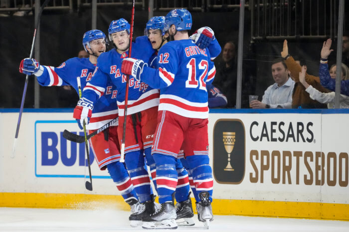 New York Rangers goaltender Jaroslav Halak (41) skates back to the net  before play resumes in the second period of an NHL hockey game, Wednesday,  Oct. 26, 2022, in Elmont, N.Y. (AP