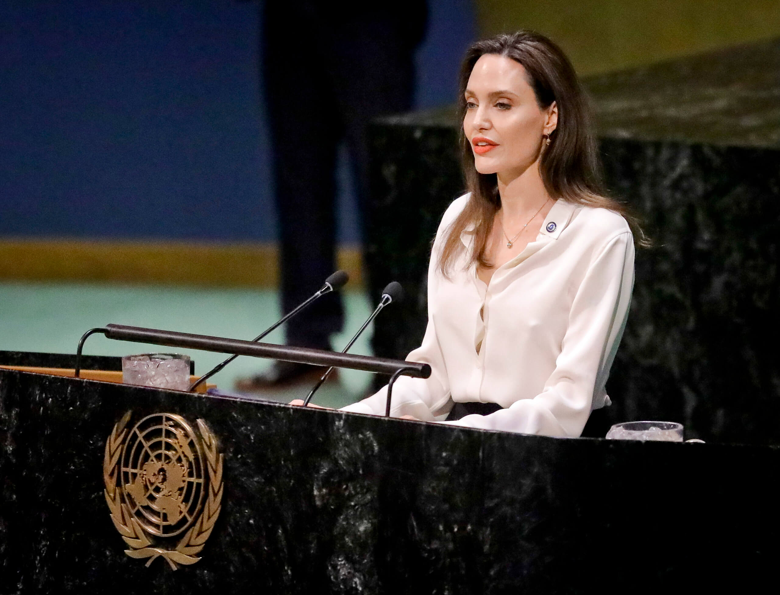Angelina Jolie, United Nations High Commissioner for Refugees special envoy, address a meeting on U.N. peacekeeping at U.N. headquarters on March 29, 2019.