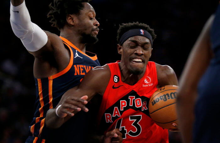 Pascal Siakam drives against the Knicks