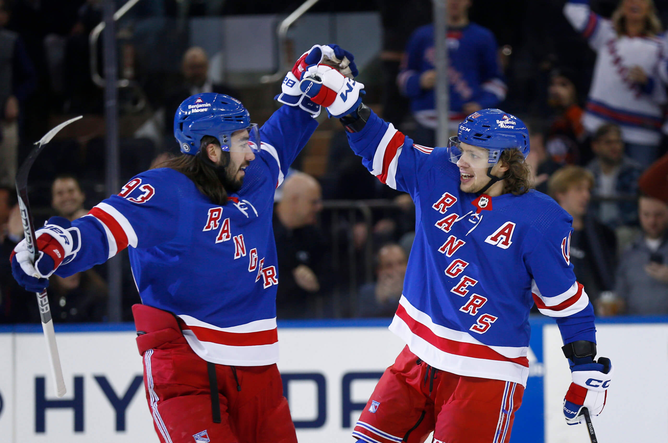 New York Rangers' Artemi Panarin (10) is congratulated for his goal against  the Tampa Bay Lightning during the third period of an NHL hockey game  Wednesday, April 5, 2023, in New York.