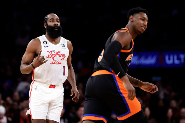 James Harden scores over RJ Barrett of the Knicks