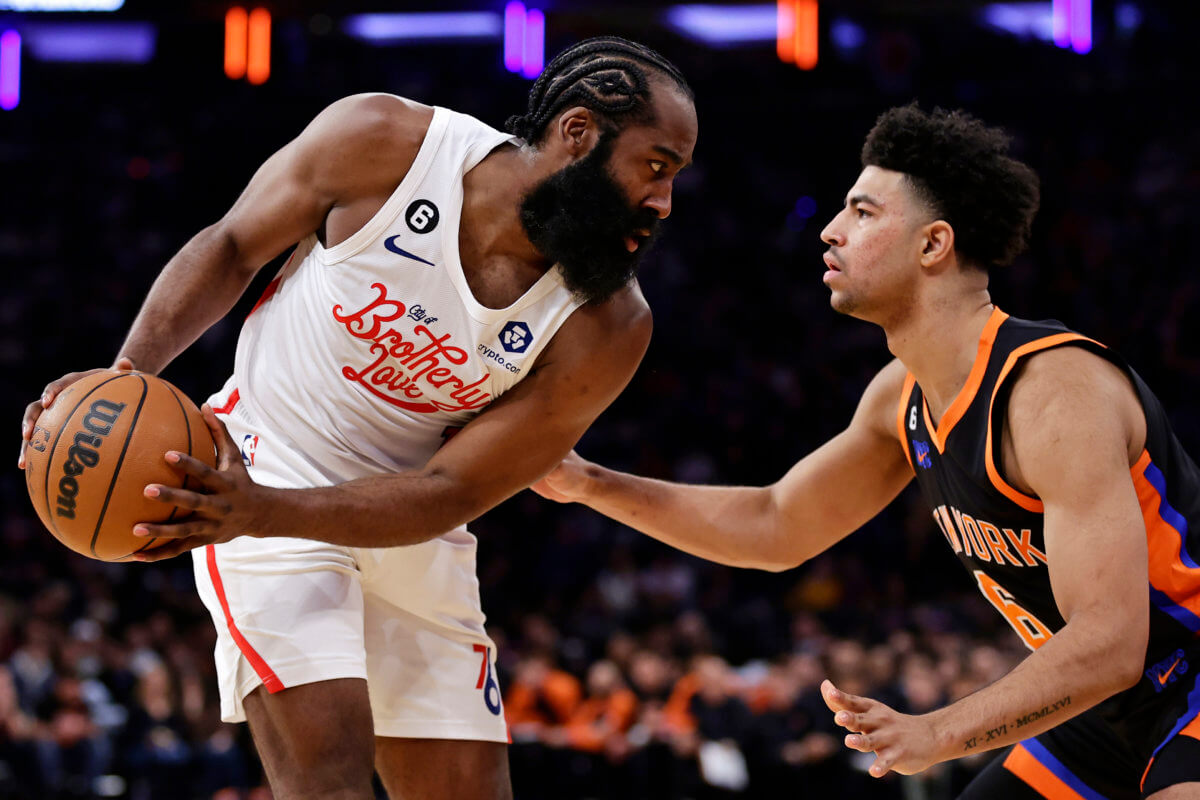 Quentin Grimes of the Knicks guards James Harden