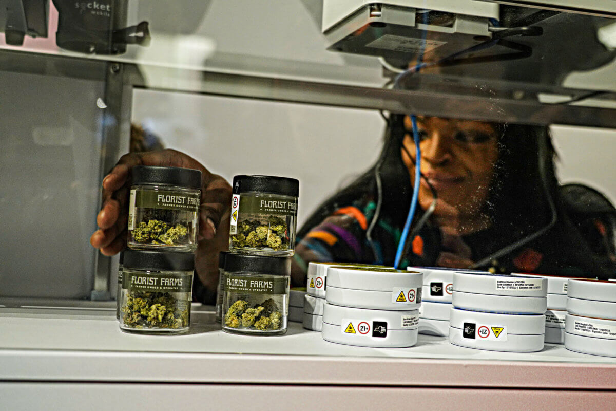 Marijuana products are placed on shelves inside the Housing Works marijuana dispensary.