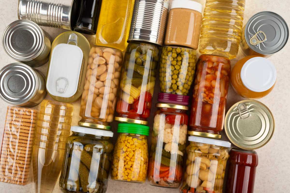 Emergency groceries food background flat lay